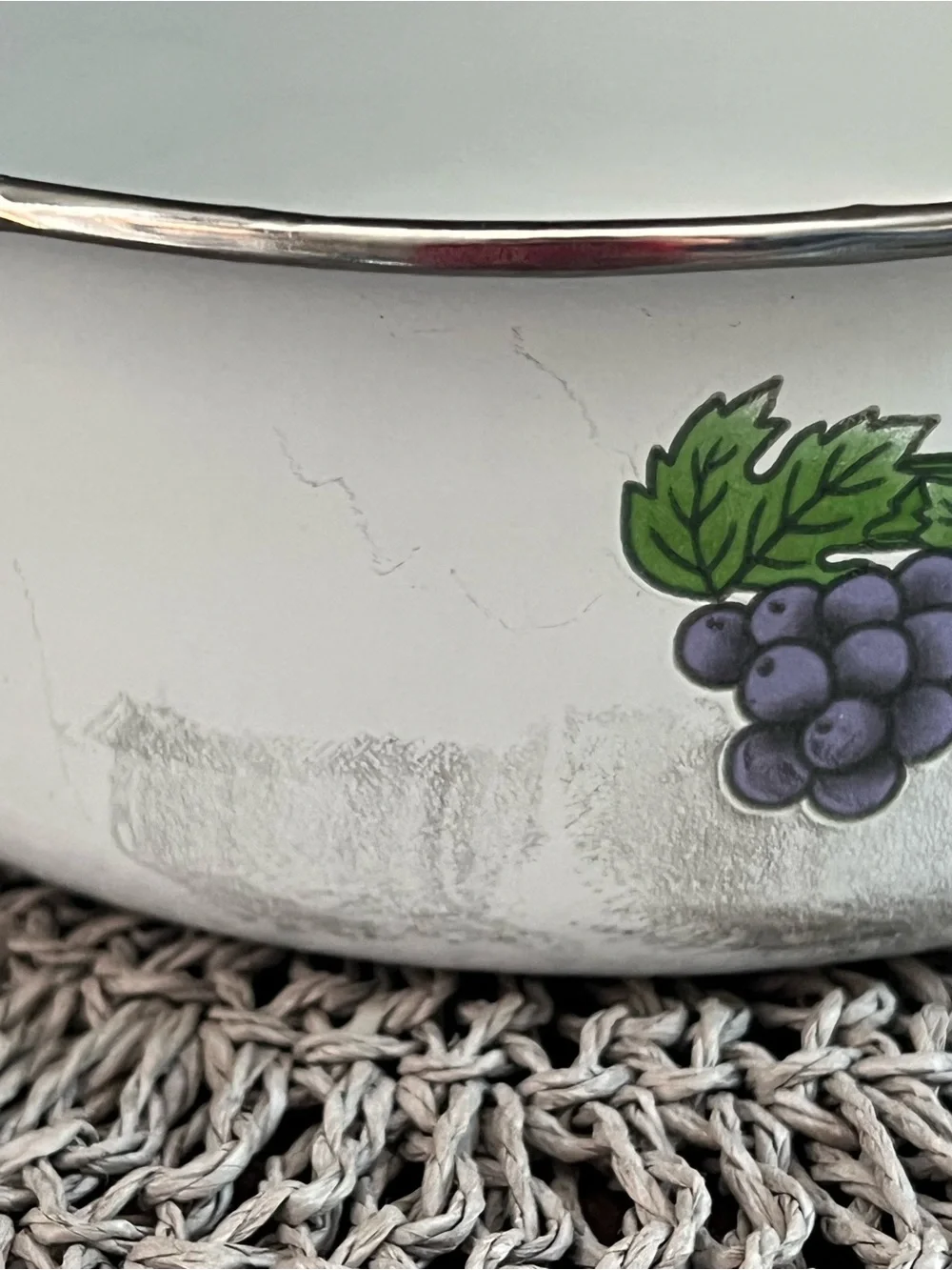Vintage White Enamel Fruit-Print Bowl apples cottage core granny decor